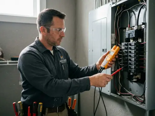 Elektriker kontrollerar elcentralen, inklusive huvudbrytare 40a, med en multimeter.