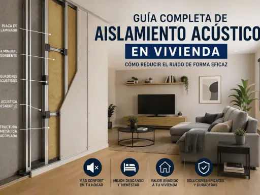 Detalle de materiales acústicos en una pared: lana mineral, amortiguadores y estructura metálica. Guía de aislamiento en vivienda.