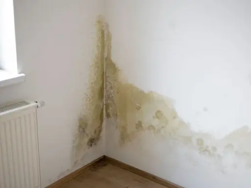 Manchas de moho y humedad en la esquina de una pared blanca, cerca de una ventana y un radiador. Es hora de pintar humedades.