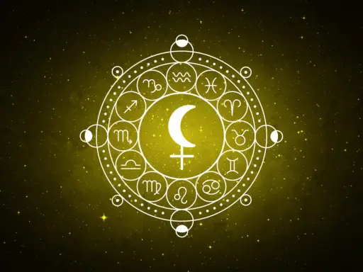 Obracający się symbol Lilith w Wodniku, otoczony znakami zodiaku i fazami księżyca, na tle gwieździstego nieba.