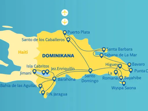 Mapa Dominikany z zaznaczonymi atrakcjami: Puerto Plata, Santo Domingo, Punta Cana, Wyspa Saona. Planuj podróż i odkryj, co zobaczyć w Dominikanie!