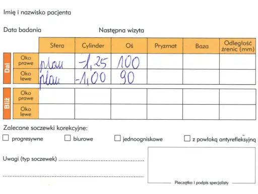 Fragment recepty na okulary z danymi badania: sfera, cylinder, oś dla oka prawego i lewego.