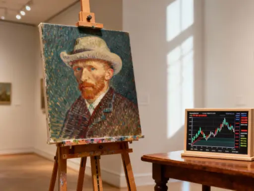 A Van Gogh painting is displayed next to a tablet showing a stock market graph, symbolizing a fine art investment fund.