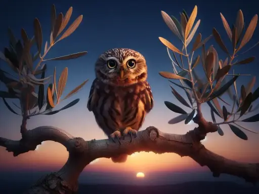 Un piccolo assiuolo, con occhi grandi e curiosi, siede su un ramo al tramonto. L'analisi della sua posa suggerisce tranquillità.