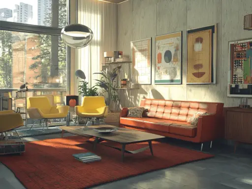 Gemütliches Wohnzimmer im Midcentury Stil mit orangefarbenem Sofa, gelben Sesseln und einem Holztisch.