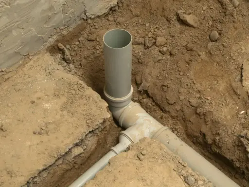 System kanalizacji w domu w trakcie budowy. Szare rury PVC połączone w wykopie ziemnym.
