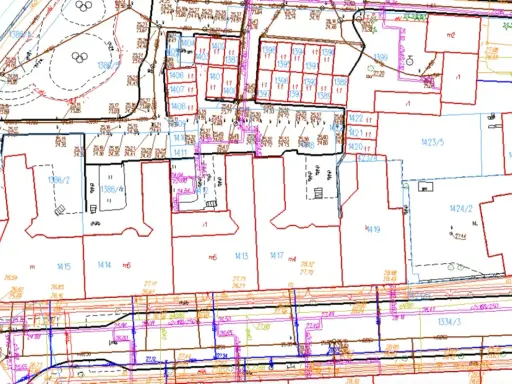 Plan zagospodarowania przestrzennego (mpzp) przedstawia działki budowlane z numeracją i wymiarami.