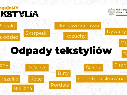 Grafika informuje o segregacji odpadów tekstylnych, wymieniając m.in. zużytą odzież, koce, pościele i obuwie.