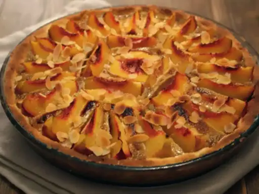 Tarte aux pêches amande, une gourmandise dorée aux fruits fondants et éclats d'amandes effilées, prête à être dégustée.