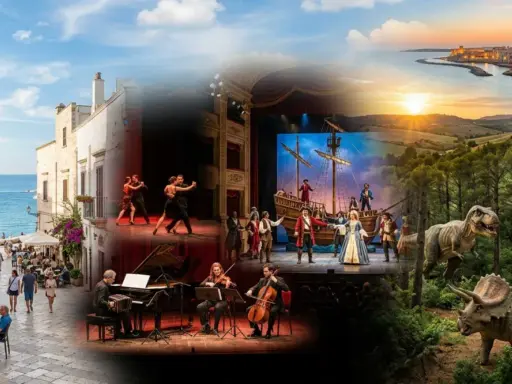 Eventi stasera in Puglia: balli, teatro, concerti, mostre e dinosauri in un collage di divertimento e cultura.