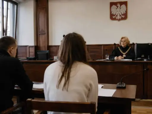 Sąd w sprawie rozwodowej. Sędzia przesłuchuje świadka.