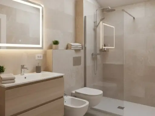 Bagno elegante piccolo con lavabo in legno, specchio luminoso, doccia walk-in e bidet.