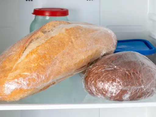 Deux pains emballés dans du film plastique, un pain blanc et un pain brun, sont rangés dans le frigo.