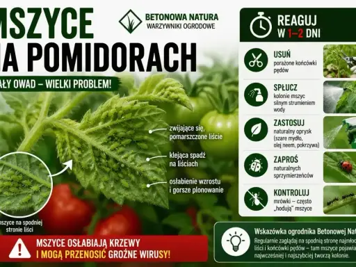 Mszyce na pomidorach – mały owad, wielki problem. Kolonie zielonych mszyc żerują na liściach, osłabiając rośliny.