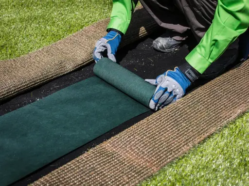 Manos enguantadas desenrollan césped artificial verde sobre una base negra. Paso clave para saber como colocar cesped artificial.