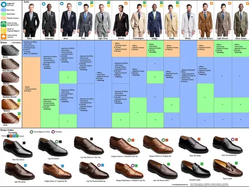 A guide to suits and shoes, showing a man in a black suit and white shoes.
