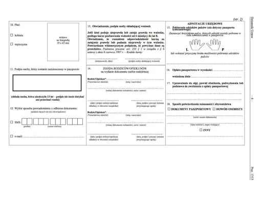 Formularz paszportowy. Sekcja 18 pyta o sposób potwierdzenia tożsamości i obywatelstwa, czy potrzebny jest paszport na Maltę.