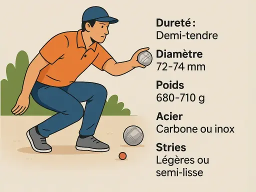 Un joueur de pétanque lance une boule. Que faire si la boule de pétanque qui glisse ? Informations sur la dureté, le diamètre, le poids, l'acier et les stries.