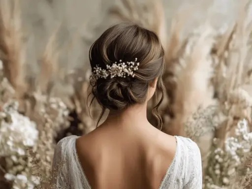 Elegante peinado de novia con un recogido bajo adornado con delicadas flores blancas. El vestido de encaje y el fondo de pampas completan el look nupcial.