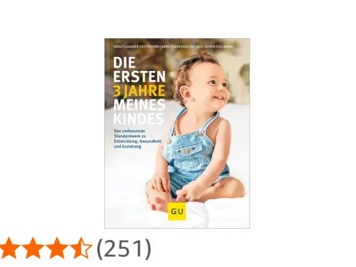 Ein lächelndes Baby in Latzhose auf dem Cover eines Ratgebers zur kind 3 jahre entwicklung.
