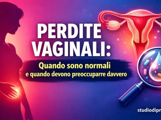 Silhouette femminile con utero e lente d'ingrandimento su perdite vaginali. La leucorrea gravidica è normale, ma a volte preoccupante.