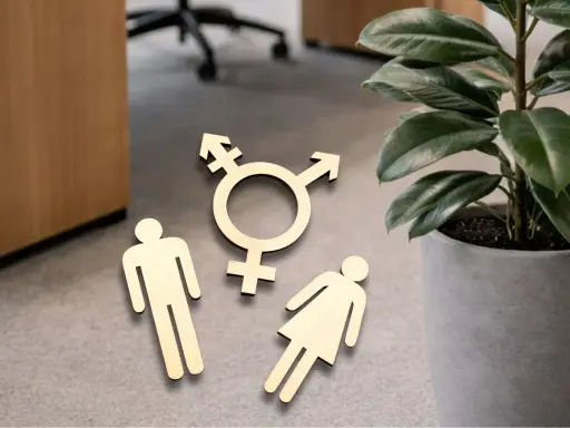Holzfiguren von Mann, Frau und Transgender-Symbol liegen auf dem Boden. Ein Zeichen für fußgänger gendern.