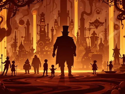 En silhuett av en man med hög hatt står framför en surrealistisk, gyllene stad. Barn och andra figurer omger honom, som hämtade ur filmer med Tim Burton.
