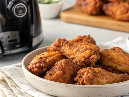 Knusprige chicken wings aus dem Airfryer in einer Schüssel, daneben ein Dip und der Airfryer.