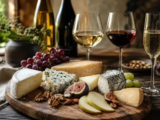 Käseplatte mit Trauben, Feigen und Nüssen, dazu ein Glas Rotwein und ein Glas Sekt. Ein Genuss für jeden Liebhaber von **fumé wein**.