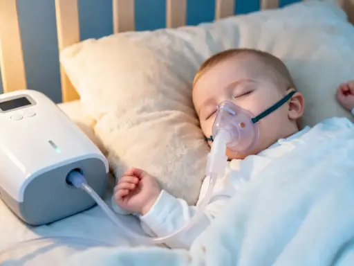 Śpiące dziecko z maską inhalacyjną podłączoną do nebulizatora. Dziecko przechodzi inhalacje z sody oczyszczonej, by ulżyć mu w oddychaniu.