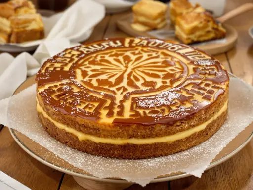 Gâteau basque à la crème, un délice doré avec un motif caramel et une garniture onctueuse. Parfait pour un goûter gourmand.