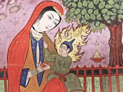 Eine Illustration von Maria im Islam. Sie hält ein Kind, das von Flammen umgeben ist.