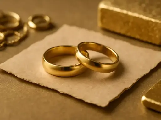 Dwa złote obrączki na papierze. Zastanawiasz się, ile kosztuje zrobienie obrączek z własnego złota? Obok sztabka złota.