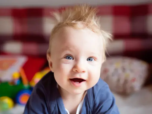 Uśmiechnięty niemowlak z niebieskimi oczami i wytartymi włosami na głowie, bawiący się zabawkami.