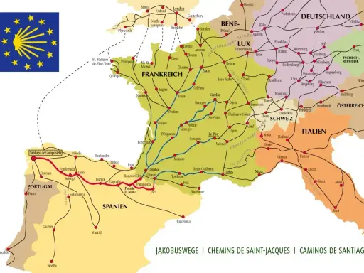 Mapa szlaków pielgrzymkowych do Santiago de Compostela. Wiele tras prowadzi przez Francję, Hiszpanię i Portugalię, zachęcając do **chodzenia po górach**.