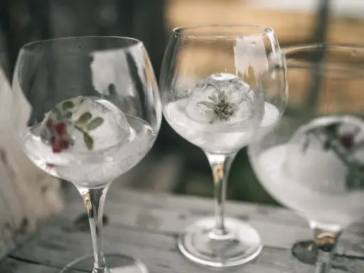 Drei Gläser mit Gin Tonic Water, gefrorene Eisbälle mit Kräutern und Beeren.