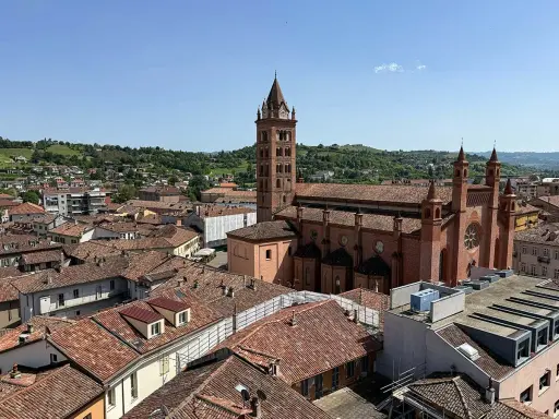 Vista aerea di Alba, con la cattedrale in primo piano e le colline piemontesi sullo sfondo. Un'ottima panoramica di cosa vedere ad Alba.