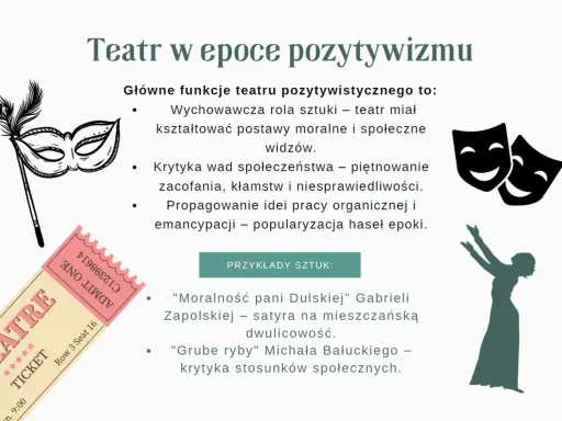 Teatr w epoce pozytywizmu: wychowanie, krytyka społeczeństwa i propagowanie idei. Lektury takie jak "Moralność pani Dulskiej" to przykłady.