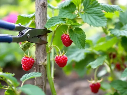 Des framboises rouges mûres pendent sur une tige, prêtes à être cueillies. C'est le moment idéal pour savoir quand pousse les framboises.