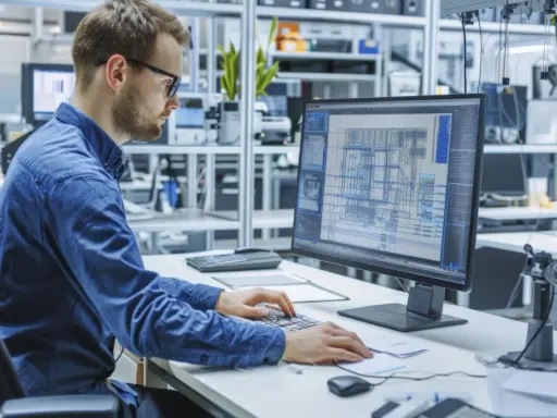 Un disegnatore CAD lavora al computer, creando schemi complessi.