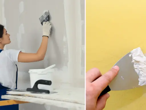 En kvinna spacklar en vägg med spackel och en bred spackelspade. En annan bild visar en hand som spacklar en gul vägg.
