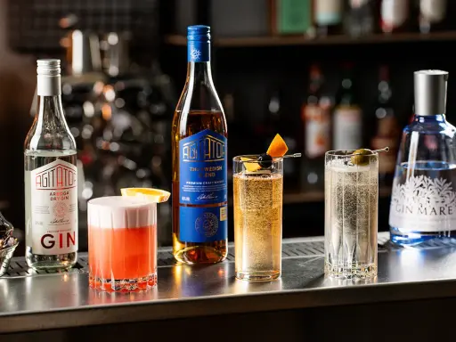 En bar med flera drinkar, inklusive en rosa drink, en gyllene drink med apelsin och körsbär, och en klar drink med oliv. Flera flaskor syns, bland annat en gin och en whisky. En perfekt kväll med en god bacardi drink.