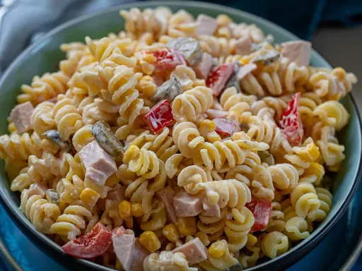Schüssel mit cremigem, schneller Nudelsalat, gefüllt mit Spiralnudeln, Schinkenwürfeln, Mais und Paprika. Perfekt für ein schnelles Mittagessen.