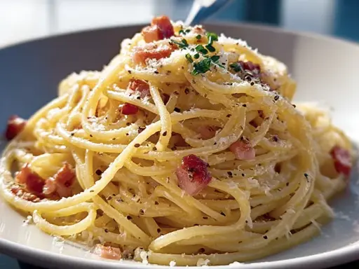 En krämig portion pasta carbonara med guanciale, parmesan och svartpeppar.