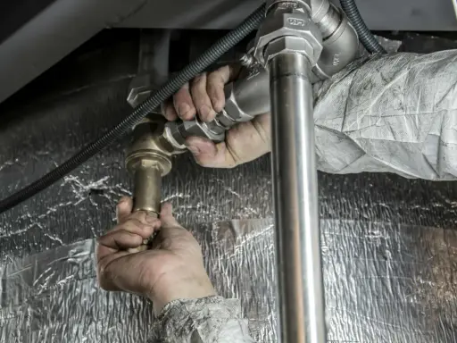 Instalator dokręca złączkę, by zapobiec dostawaniu się powietrza w rurach od wody.