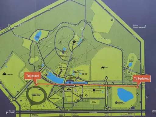 Mapa Parku Śląskiego z zaznaczonymi atrakcjami: Zoo, Planetarium, Stadion Śląski, Rosarium, Wesołe Miasteczko. Tu jesteś i Tu będziesz wskazują drogę.