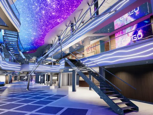 Interni moderni di una nave MSC in Europa, con soffitto a LED stellato e luci al neon.