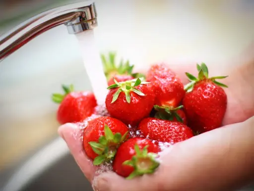 Frische Erdbeeren werden in den Händen unter fließendem Wasser gewaschen.