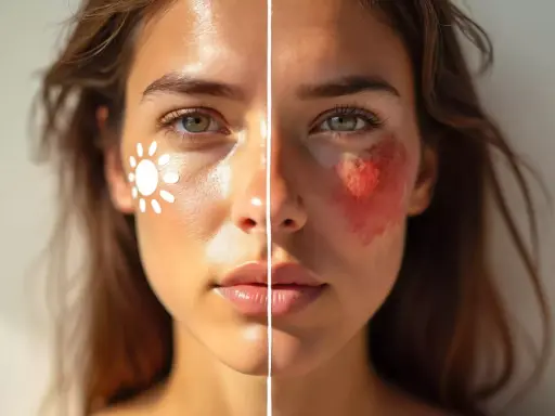 Visage divisé : d'un côté, une peau saine avec un soleil dessiné, de l'autre, une rougeur intense, signe d'une irritation peau causée par frottement.