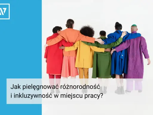 Grupa ludzi w kolorowych płaszczach obejmuje się, symbolizując inkluzywność i różnorodność w miejscu pracy.